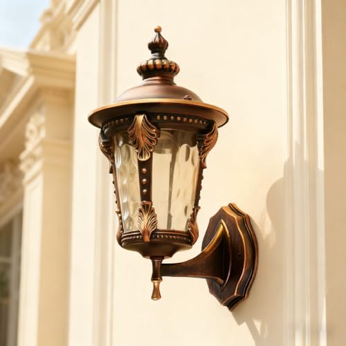 XINYASEE Aplique de pared exterior de diseño europeo retro, farol de hierro forjado y cristal resistente al agua, lámpara decorativa para jardín, porche o fachada de casa(Pequeño)