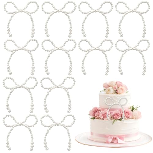 Lnngub 12 Pcs Pearl Bow Cake Topper Bows Dots Cake Decorations Pearl Bows for Crafts Bouquets White Imitation Pearls Bow Cupcake Toppers for Weddings Birthday Valentines Day Bridal Showers