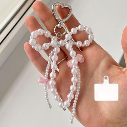 Image of Phone Charm with Beaded Chain | Acrylic Phone Strap for Mobile Keys & Bags | Decorative Wrist Strap | Lanyard Charms | Keychain Accessory for Women Girls (Pink-Bow-Pearl)