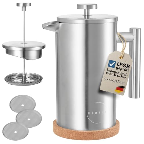 KIMIJO French Press 1000 ml I Edelstahl gebürstet I Warmhalte-Funktion I incl. 3 Ersatzfilter & Korkuntersetzer I Spülmaschinenfest I Premium Kaffeebereiter Doppelwandig KIMIJO French Press 1000 ml I Edelstahl gebürstet I Warmhalte-Funktion I incl. 3 Ersatzfilter & Korkuntersetzer I Spülmaschinenfest I Premium Kaffeebereiter Doppelwandig