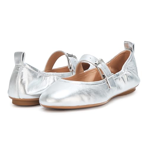 Cole Haan Cole Haan Women's Graclyn Mary Jane Ballet Flats, Silver Leather, 9-B US