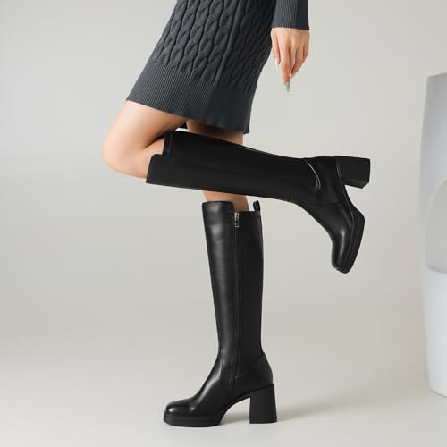 Knee High Boots Women Platform Chunky Heel Square Toe Tall Boot for Women High Heeled Side Zipper Long Boots4