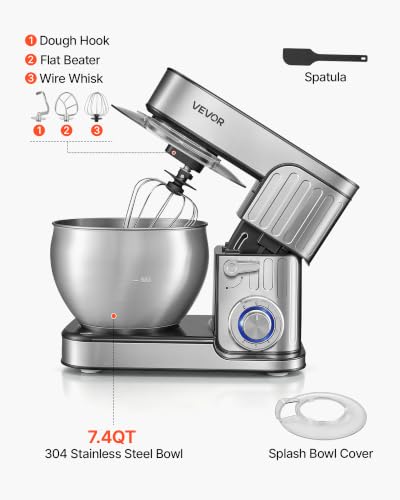 Image of VEVOR 7.4 Qt Tilt Head Stand Mixer 500W Electric Dough Mixer, 6 Speeds with Pulse Food Kitchen Mixer with Stainless Steel Bowl, Splash Guard, Dough Hook, Whisk, Beater, for Baking Mixing