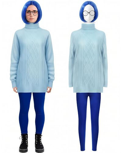 Chuangdi 4 Pcs Halloween Sad Costume Set Blue Wig Round Glasses Blue Sweater Pants for Women Cosplay Costume Party (Xs)