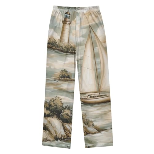 ZZXXB Retro Sailboat and Lighthouse Boys Long Pants Soft Trousers Elastic Waist Kids Lounge Bottoms with Pockets S-XL2