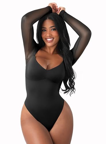 Image of FeelinGirl Long Sleeve Body Suits for Women - Black Sexy Mesh V Neck Bodysuits Thong Corset Top Going Out Outfits for Party, L