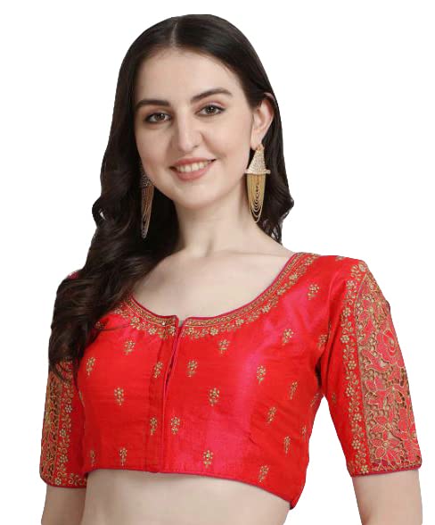Pujia Mills Women's Flower Embroidery Sleeves Cut Work Readymade Saree Blouse (Red, 38)