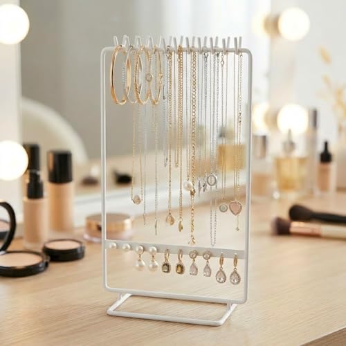 Image of ecofynd 2-Tier Metal Jewelry Organizer Stand with 11 Nail Hooks & 10 Earring Holes, Necklace Holder, Bracelet & Ring Storage Rack, Space-Saving Display for Vanity, Dressing Table & Home (White,JS008)