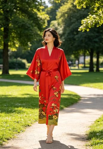 Image of Women's Classic 100% Silk Kimono Robe, Bathrobe-Printed Pattern