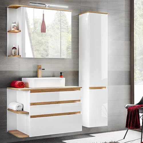Lomadox Ensemble de meubles de salle de bain blanc brillant avec chêne, meuble de lavabo avec lavabo en céramique, armoire miroir LED et armoire haute