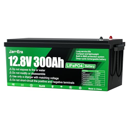 ZeroEra LiFePO4 Batterie 12V 300Ah 3840Wh Lithium Batterie mit Temperaturschutz von 200A BMS 15000+ Deep Cycle Unterstützt Serien/Parallelschaltung für Haushaltsspeicher Marine Wohnmobil 1 Stück