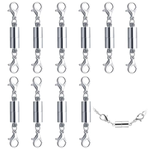 Magnetic Necklace Clasps 10 Pcs Bracelet Closures with Double Lobster Clasp Necklaces Fasteners Chain Clasps Connector Necklace Extender for Anklets Jewelry Making (Silver)