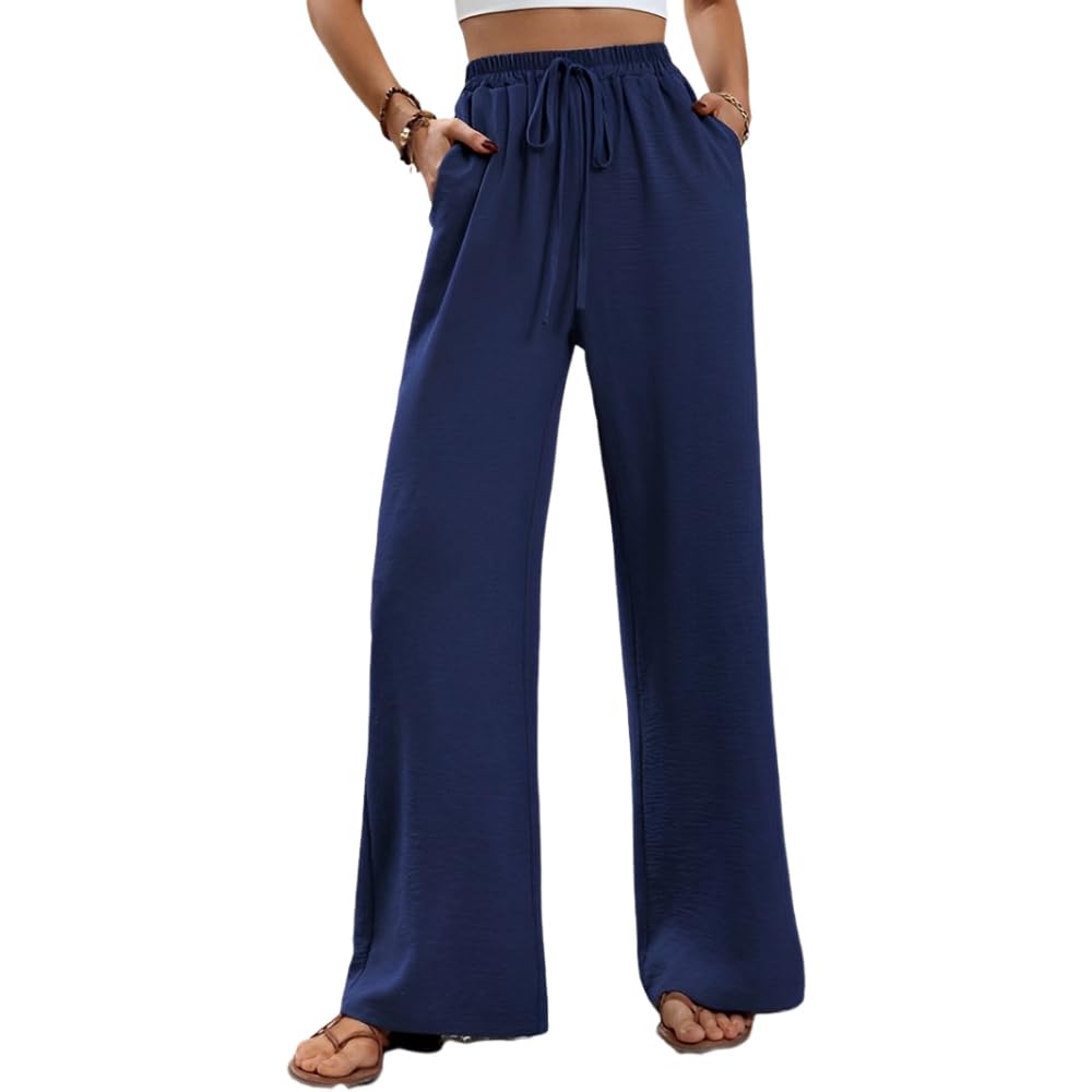Womens Casual Elastic Waist Wide Leg Long Pants with Drawstring Spring Summer Stretchy Loose Trousers with Pockets Large
