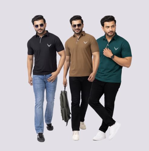 Image of HANABY Men's Summer Polo Solid Half Sleeves Polycotton T-Shirt | Collar Breathable and Comfortable T-Shirt (Pack of 3)