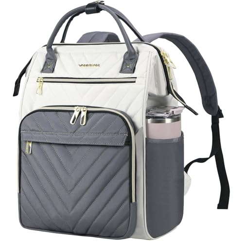 Image of VANKEAN 15.6 Inch Laptop Backpack for Women Fashion Computer Work Bag, Large Capacity Waterproof Backpack, College Daypack Business Travel(Beige-Grey, 15.6 Inch)