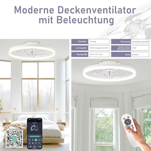 LES FLEURS Deckenventilator mit Beleuchtung, 50cm Smart-LED-Deckenleuchte mit Ventilator, Dimmbare Deckenventilatoren mit Beleuchtung Fernbedienung, für Wohnzimmer und Schlafzimmer (Weiße)