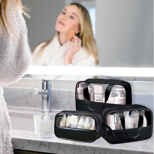 Image of KBS Toiletry Kit Cosmetic Makeup Storage Organizer Clear Styilish Wash Bag Pouch Set of 3 for Travel Luggage Transparent with Metal Zipper Gift for Men Women Girls (Black)