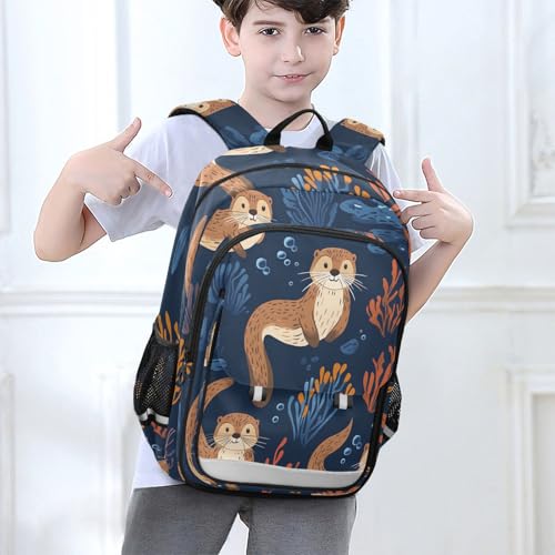 Sea Otters Coral Backpack for Boys Girls Kids School Bag Lightweight Laptop Backpack Elementary Capacity Bookbags for Travel Daypack with Reflective Stripes 6