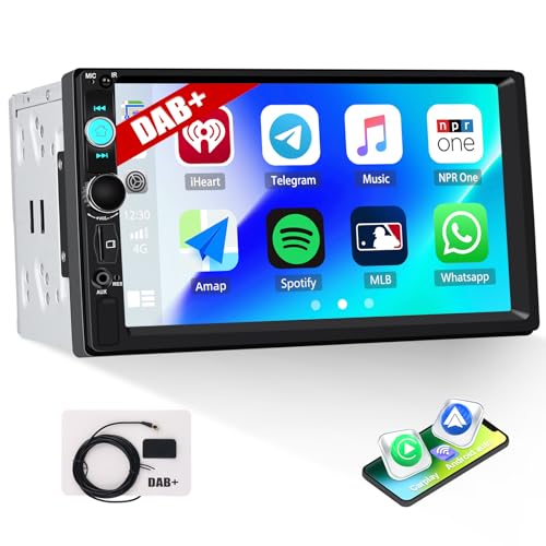 CAMECHO DAB Double Din Car Stereo with Wireless Carplay Android Auto, 7 Inch IPS Touch Screen Car Radio with Mirror Link Bluetooth 5.2 Hands-Free FM Radio EQ Audio SWC AUX/USB/TFInput Head Unit