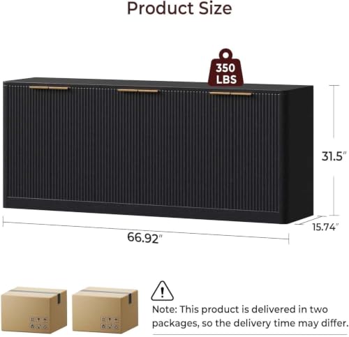 Image of Evermagin 67 inch Fluted Black Buffet Cabinet Sideboard with Storage, Large Credenza with 6 Doors, Wood Mid Century Modern Sideboard for Kitchen and Living Room (67 inch*31.5 inch*15.7 inch)
