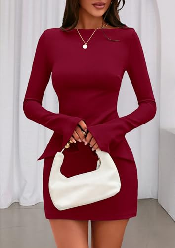 Image of PRETTYGARDEN Womens Fall Long Sleeve Mini Dress 2025 Trendy Boat Neck Bodycon Knit Elegant Short Party Formal Dresses