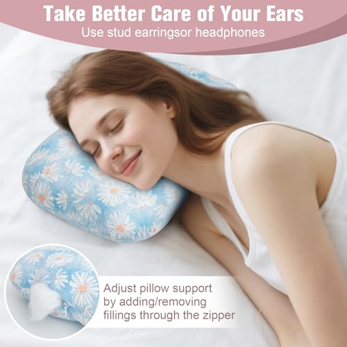 Ear Piercing Pillow for Side Sleeper with Hole for Relief Ears Pain CNH Piercing Pain Sleeping Pressure Sore, Comfortable Support Ear Guard Pillow to a Restful Sleep, Blue and White Daisy