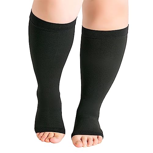 Hotfiary 1 Pair Plus Size Compression Socks-Up to 7XL Wide Calf 20-30 mmHg Compression Sock for Women Men Open Toe Stockings
