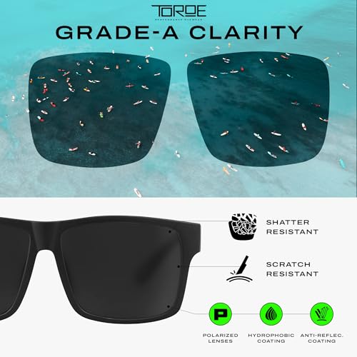 Image of TOROE TR90 Square Frame Grade A Polarized Black Emblem Sunglasses with Anti Reflective Water Repellent Polycarbonate Lenses