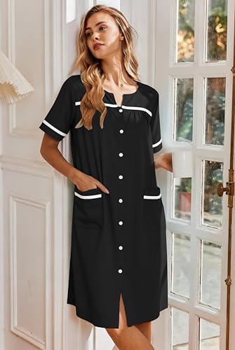 Image of Ekouaer Nightgowns for Women House Dress with Pockets Button Down Sleepshirt Short Sleeve Nightshirt Housecoat