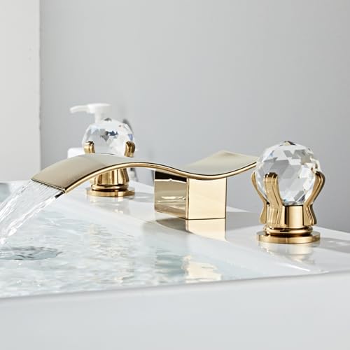 mitigeur cascade salle de bain évier 3 trous robinet doré poignée cristal QTANZIQI