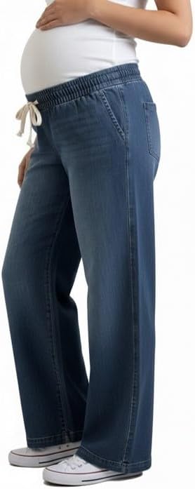 Motherhood Maternity Womens Under The Belly Tie Waist Wide Leg Pregnancy Denim Pants - Image 3