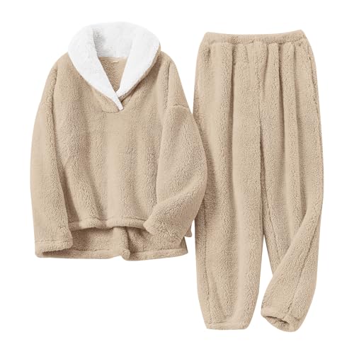 BOSECETA Fluffy Pajamas for Women Set Soft Comfy Fleece Pjs Pullover Pants Loose Plush 2 Piece Sleepwear Fuzzy for Winter (US, Alpha, XX-Large, Regular, Regular, Apricot)
