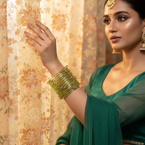Image of SUNDRAM Women's Premium Fancy Glass Bangles for Women & Girls |with Zircon Gemstone Work & Charm| Traditional Ethnic Bangles Set of 12