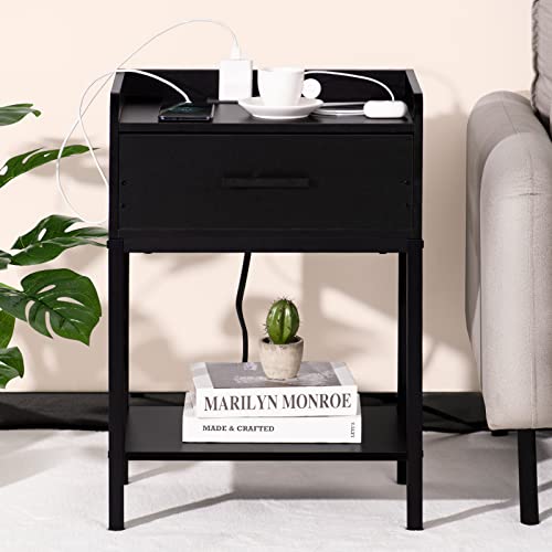 Yaharbo Nightstand With Charging Station And Usb Ports, 3-Tier End Side Table With Storage Drawer And Shelf, Bedside Night Stand For Bedroom, Living Room- Black #TOP6