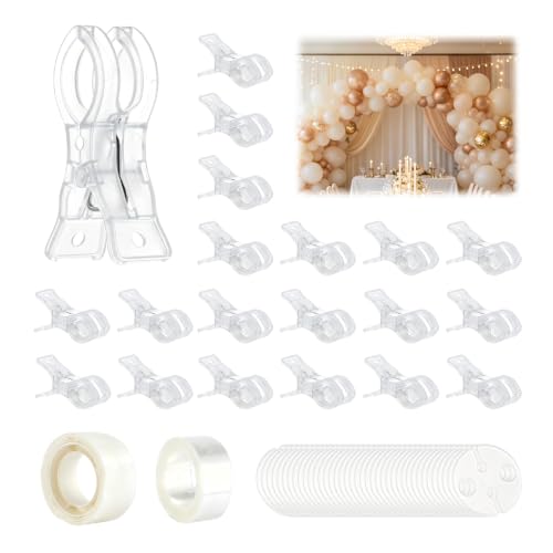 Bosizhang 130 Pcs Balloon Arch Clips Kit, 20 Clear 3.5 Inch Plastic Backdrop Spring Clamps with 82 ft Balloon Tape Strip, 500 Glue Dots & 100 Balloon Ties for Wedding Birthday Party Decorations by Bosizhang - Used condition - US$13.46