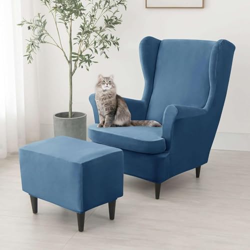 Juego de fundas de terciopelo para sillón orejero fundas elásticas de otomana y taburete azul 2