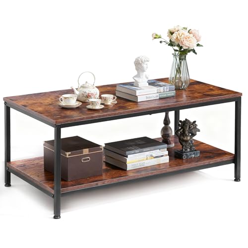 ZenStyle Industrial Coffee Table with Storage Shelf for Living Room, Wood Look Accent Furniture with Vintage Wooden Board Stable Metal Frame Cocktail Table 2-Tier Tea Table (Rustic Brown, 39.4)
