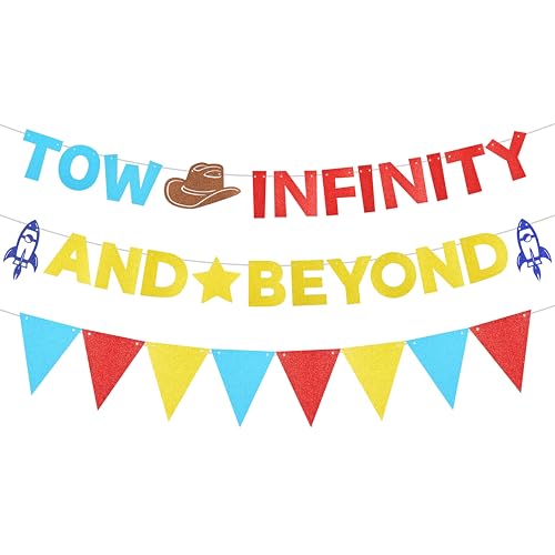 Two Infinity and Beyond Banner Toy Inspired Story 2nd Birthday Party Decorations with Yellow Blue Red Glitter Triangle Pennant Flag Streamers Photo Prop for Boys Girls 2nd Birthday Supplies
