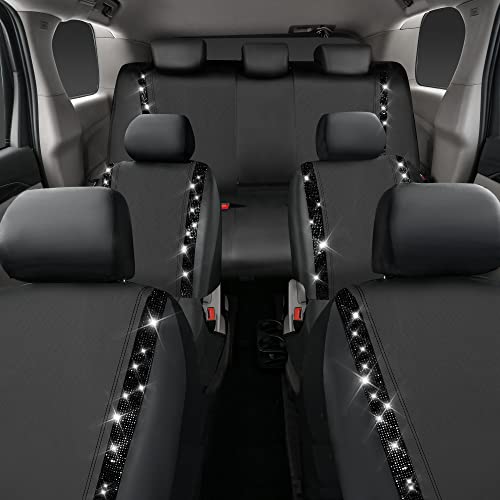 Image of CAR PASS Bling Diamond Car Seat Covers, Shining Rhinestones Waterproof Faux Leather, 7 Seats 3 Rows with Zipper Glitter Crystal Sparkle Strips Universal Fit 95% MPV,SUV,CAR for Women Girl, Black