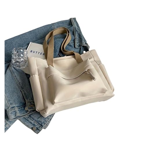 Nylon Tote Bag With Multiple Pocket Lightweight Foldable Design For Office Commute Shopping Fitness Storage Handbag Shoulder Bag(Beige)