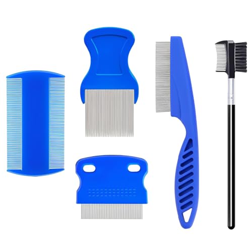 Set di 5 pettini per pulci per gatti, Set pettine per pidocchi, Per animali domestici, Per rimuovere le macchie, In plastica, Su entrambi i lati, pettine in metallo, denti per pidocchi