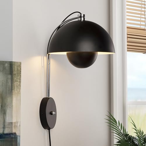 Image of Mid-Century Modern Bud Plug in Wall Sconces for Bedroom, Glossy Black | Indirect lighting reading wall lamp, all-metal construction, plug-in or hardwired install, fits bedroom bedside, living room