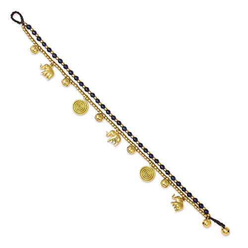 Novica Handmade .925 Sterling Silver Lapis Lazuli Anklet Bell With Brass Charms Blue Gold Tone Beaded Thailand Reflecting Pond Snorkel Animal Themed 'Elephant Bells' #TOP1
