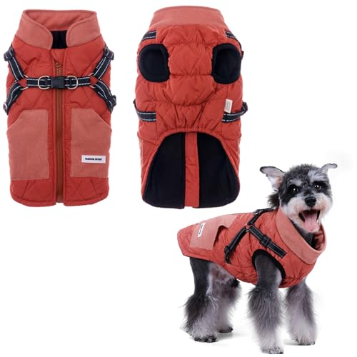 Small Dog Coat for Small Dogs Jackets Waterproof Reflective Fleece Inner Dog Winter Jacket with Harness Zipper, Dog Coats for Cold Weather Small Dogs Winter Coat Clothes Red