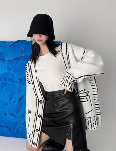 Women Print Graffiti Unique Cardigan Sweater Y2k Fake Pocket Long Sleeve Button Up Open Front Knit Sweaters Coat2