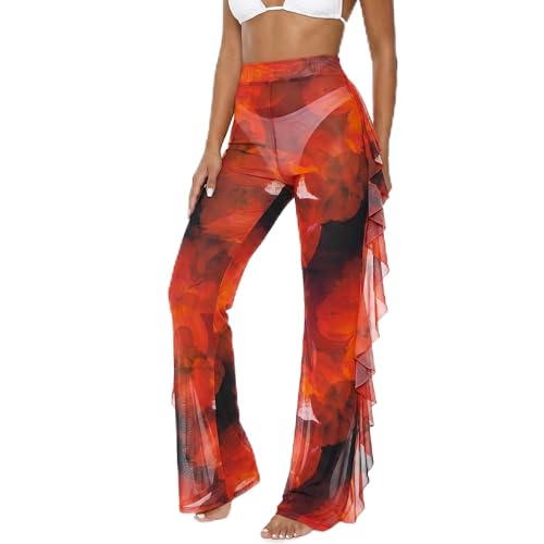 Image of Jumppmile Women's Ruffle Sheer Mesh Swimwear Bikini Cover Up Pants See Through
