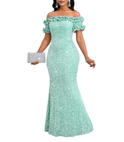 Image of dasmzper Women Sexy Sequin Off Shoulder Ruffle Short Sleeve Bodycon Mermaid Party Formal Evening Maxi Dress