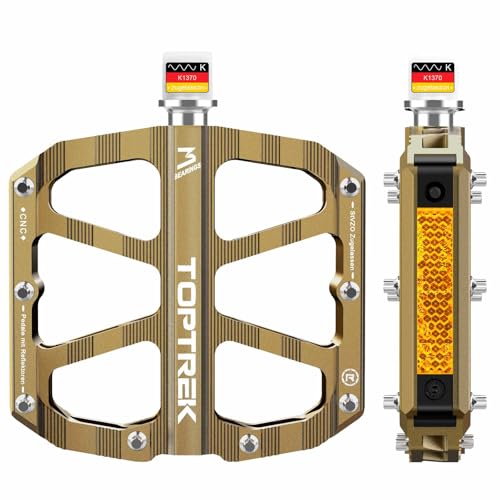toptrek Fahrradpedale mit StVZO Zugelassen Reflektoren, CNC Aluminium Pedale Fahrrad MTB Pedale rutschfest mit 3 Abgedichtete Lager für Mountainbike, BMX, E-Bike, Rennrad (Bronze)