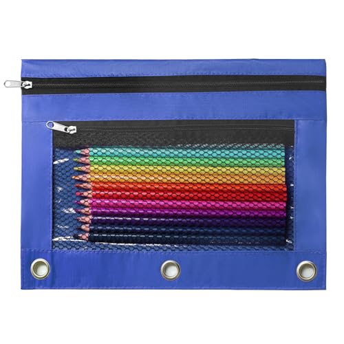 Image of Pencil Pouch for 3 Ring Binder, Heavy Duty Canvas Dual Zipper Pen Bag with Clear Window, Smooth Metal Zipper, Fit Standard 3-Ring Binders for School Office Travel Supplies (Blue)