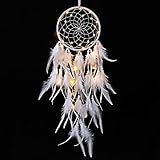 Bohemian Traumfänger Kinder, LED Kinderzimmer Deko Mädchen, Bohemian Dekoration Handgefertigt Dreamcatcher Spitze Traumfänger Federn Weiß für Gute Träume Wandbehang Auto Raum Kreatives Geschenk